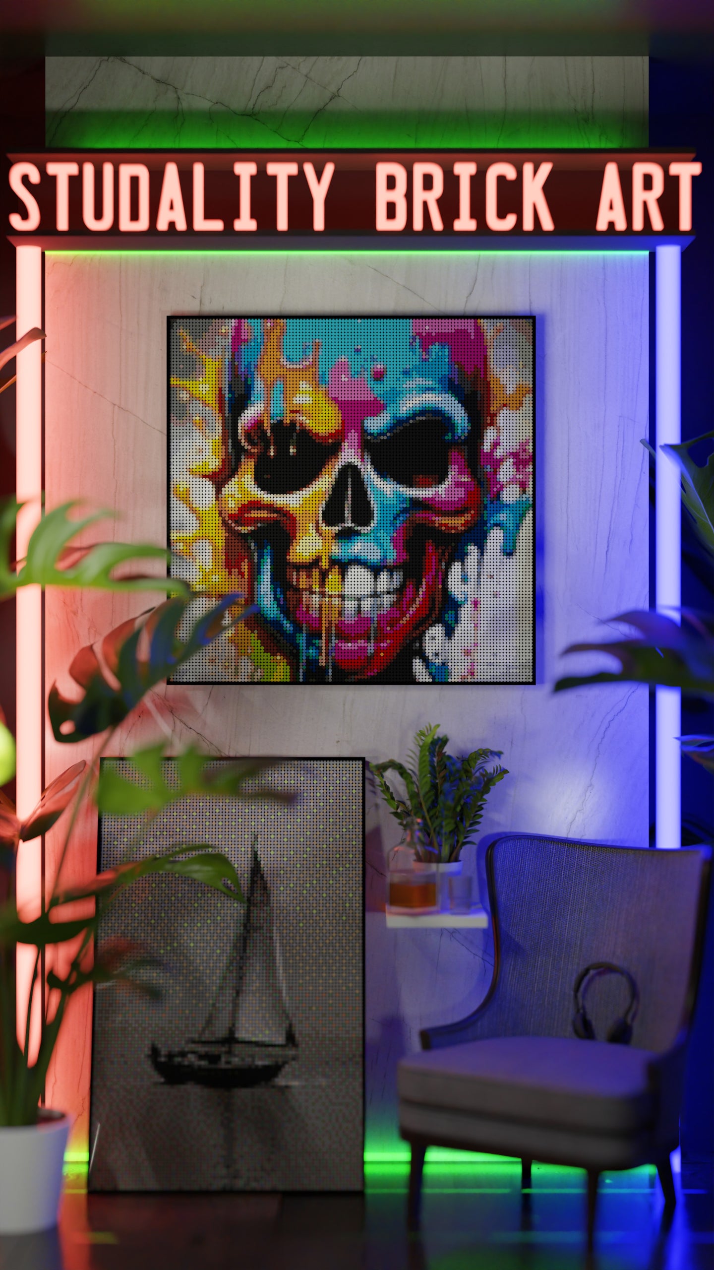Vivid Decay LEGO® Style mosaic wall art made from colorful plastic bricks